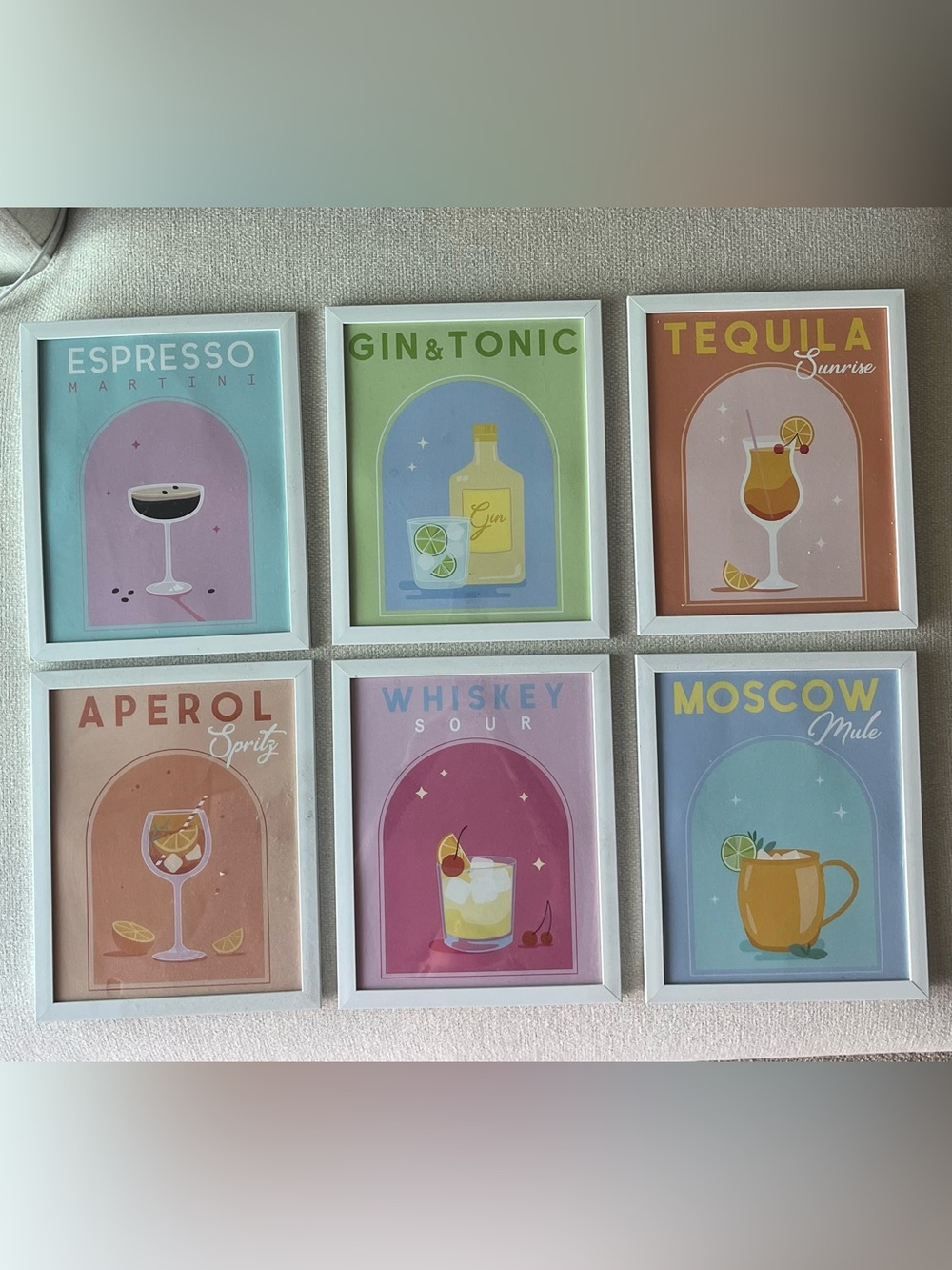 Set of 6 Pastel Cocktail Art Prints - Multicolor